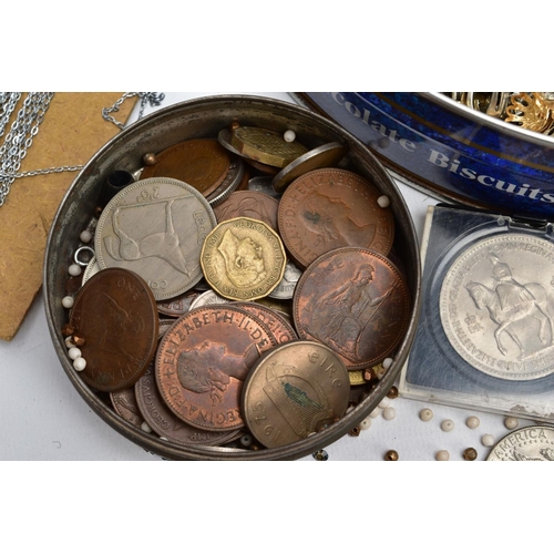 91 - A BOX OF MISCELLANEOUS ITEMS, to include a box of old British and continental coins such as a cased ... 