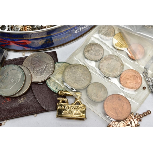 91 - A BOX OF MISCELLANEOUS ITEMS, to include a box of old British and continental coins such as a cased ... 