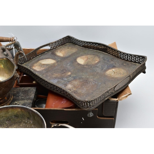 92 - A BOX OF METALWARE, to include a large 'Barker Ellis' EPCA foliate engraved circular tray, a white m... 