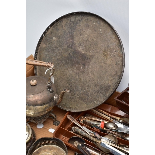 92 - A BOX OF METALWARE, to include a large 'Barker Ellis' EPCA foliate engraved circular tray, a white m... 