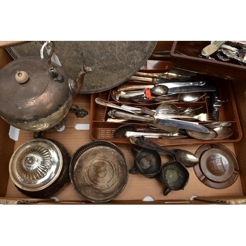 92 - A BOX OF METALWARE, to include a large 'Barker Ellis' EPCA foliate engraved circular tray, a white m... 