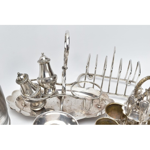 93 - A BOX OF METALWARE. To include a white metal and glass six-piece cruet set, a 'Walker & Hall' white ... 