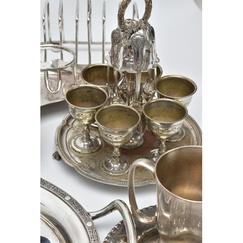 93 - A BOX OF METALWARE. To include a white metal and glass six-piece cruet set, a 'Walker & Hall' white ... 