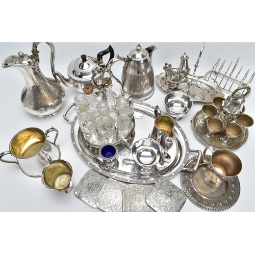 93 - A BOX OF METALWARE. To include a white metal and glass six-piece cruet set, a 'Walker & Hall' white ... 