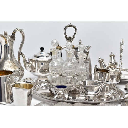 93 - A BOX OF METALWARE. To include a white metal and glass six-piece cruet set, a 'Walker & Hall' white ... 