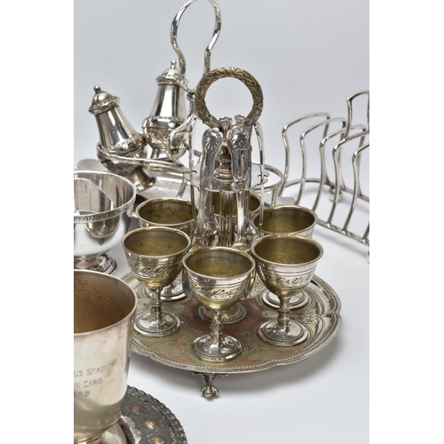 93 - A BOX OF METALWARE. To include a white metal and glass six-piece cruet set, a 'Walker & Hall' white ... 