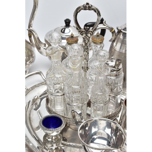 93 - A BOX OF METALWARE. To include a white metal and glass six-piece cruet set, a 'Walker & Hall' white ... 