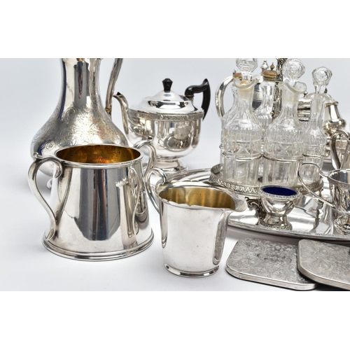 93 - A BOX OF METALWARE. To include a white metal and glass six-piece cruet set, a 'Walker & Hall' white ... 