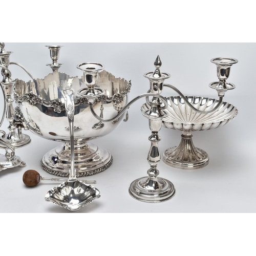 94 - A BOX OF METALWARE, to include a white metal punch bowl with a floral decorative wavy rim, double li... 