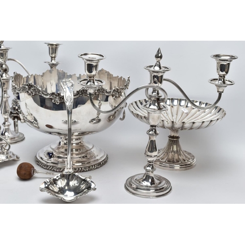 94 - A BOX OF METALWARE, to include a white metal punch bowl with a floral decorative wavy rim, double li... 