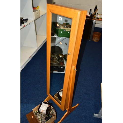 95 - A FREE-STANDING MIRROR JEWELLERY DISPLAY CABINET, COSTUME JEWELLERY, A WATCH WINDER AND A CANTEEN OF... 