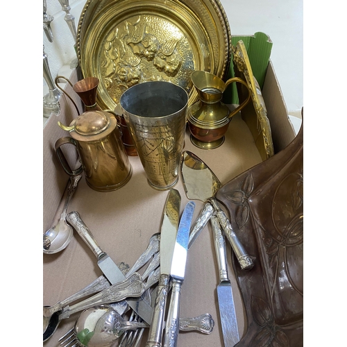 595 - A BOX OF METALWARE, to include a copper and a brass Art Nouveau style crumb tray, various plated can... 