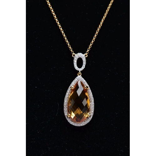 1 - AN 18CT GOLD CITRINE AND DIAMOND PENDANT NECKLET, designed with a claw set pear cut citrine, within ... 