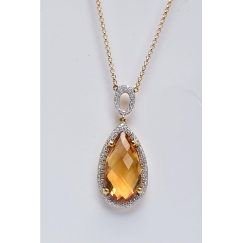 1 - AN 18CT GOLD CITRINE AND DIAMOND PENDANT NECKLET, designed with a claw set pear cut citrine, within ... 