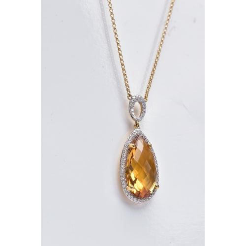 1 - AN 18CT GOLD CITRINE AND DIAMOND PENDANT NECKLET, designed with a claw set pear cut citrine, within ... 