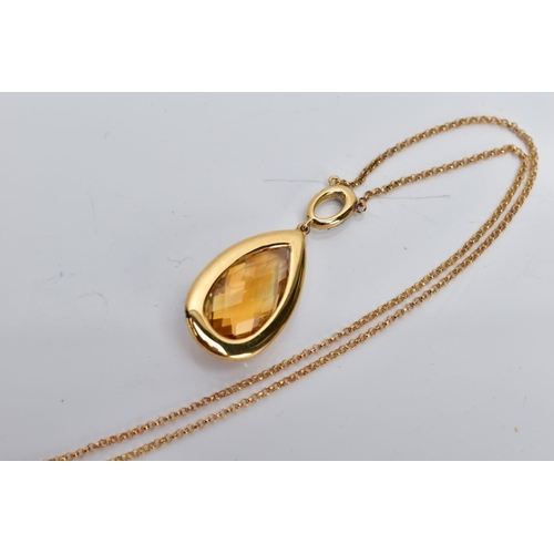 1 - AN 18CT GOLD CITRINE AND DIAMOND PENDANT NECKLET, designed with a claw set pear cut citrine, within ... 