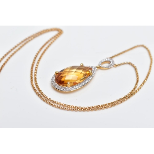 1 - AN 18CT GOLD CITRINE AND DIAMOND PENDANT NECKLET, designed with a claw set pear cut citrine, within ... 