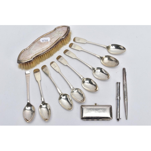 10 - A SMALL QUANTITY OF SILVER TEASPOONS, A SILVER CLOTHES BRUSH, SILVER PENCIL HOLDER etc, to include f... 