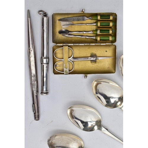 10 - A SMALL QUANTITY OF SILVER TEASPOONS, A SILVER CLOTHES BRUSH, SILVER PENCIL HOLDER etc, to include f... 