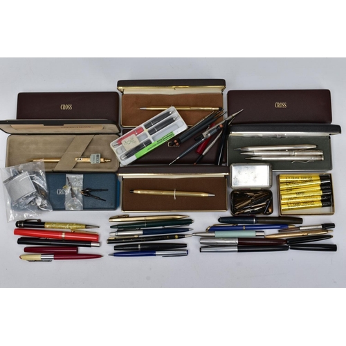 100 - A TRAY CONTAINING TWO BOXED 14CT GOLD FILLED BALLPOINT PENS, a boxed Sterling Silver Cross propellin... 