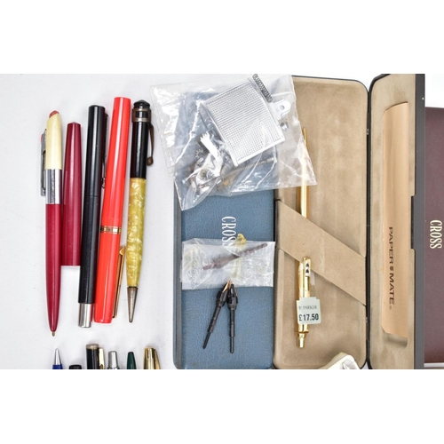 100 - A TRAY CONTAINING TWO BOXED 14CT GOLD FILLED BALLPOINT PENS, a boxed Sterling Silver Cross propellin... 