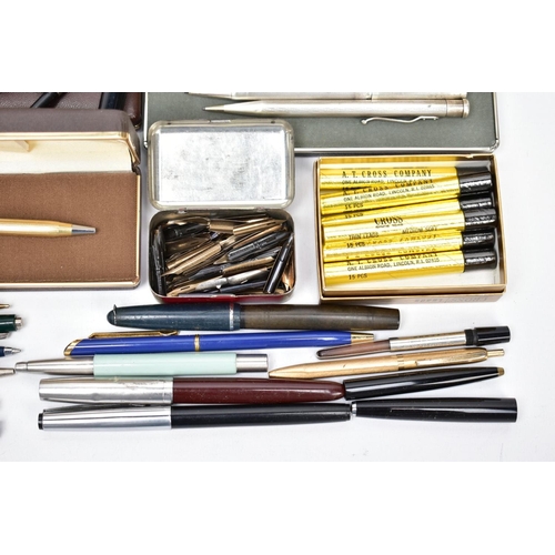 100 - A TRAY CONTAINING TWO BOXED 14CT GOLD FILLED BALLPOINT PENS, a boxed Sterling Silver Cross propellin... 