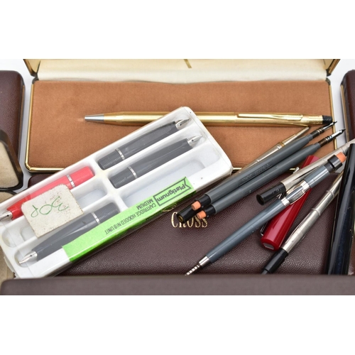 100 - A TRAY CONTAINING TWO BOXED 14CT GOLD FILLED BALLPOINT PENS, a boxed Sterling Silver Cross propellin... 