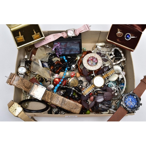 102 - A BOX OF COSTUME JEWELLERY AND WRISTWATCHES, to include a quantity of ladies and gent's wristwatches... 