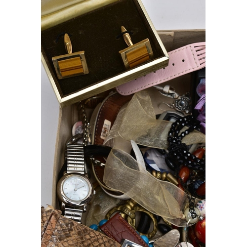 102 - A BOX OF COSTUME JEWELLERY AND WRISTWATCHES, to include a quantity of ladies and gent's wristwatches... 