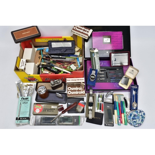 103 - A BOX OF PENS, ACCESSORIES, LIGHTERS AND WRISTWATCHES, to include a variety of ball point pens, foun... 