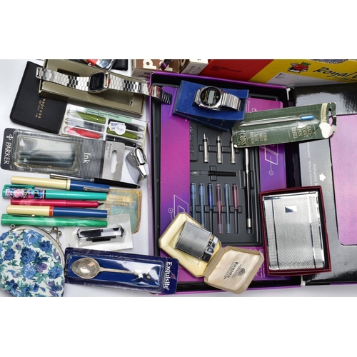 103 - A BOX OF PENS, ACCESSORIES, LIGHTERS AND WRISTWATCHES, to include a variety of ball point pens, foun... 