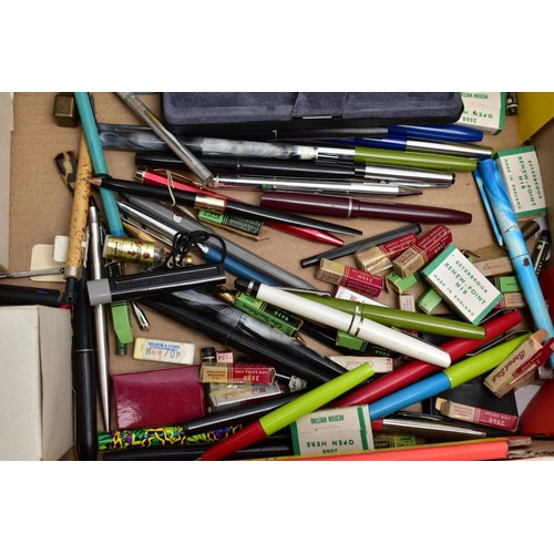 103 - A BOX OF PENS, ACCESSORIES, LIGHTERS AND WRISTWATCHES, to include a variety of ball point pens, foun... 