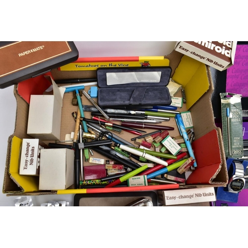 103 - A BOX OF PENS, ACCESSORIES, LIGHTERS AND WRISTWATCHES, to include a variety of ball point pens, foun... 