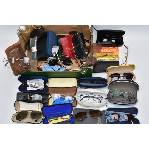 104 - A BOX OF GLASSES AND SUNGLASSES, to include a variety of prescription glasses and sunglasses some wi... 