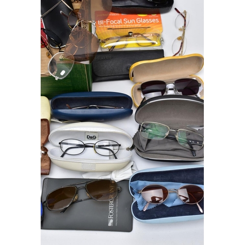 104 - A BOX OF GLASSES AND SUNGLASSES, to include a variety of prescription glasses and sunglasses some wi... 