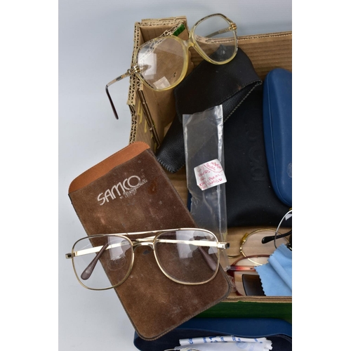 104 - A BOX OF GLASSES AND SUNGLASSES, to include a variety of prescription glasses and sunglasses some wi... 