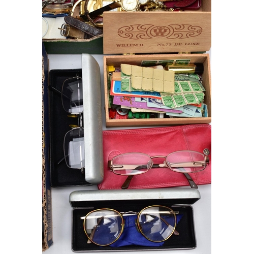 105 - TWO BOXES OF ASSORTED ITEMS, to include a broken yellow metal chain stamped '9k' and a single 9ct go... 