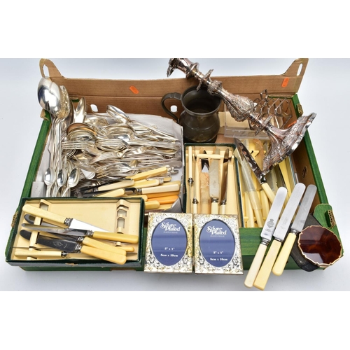 106 - A BOX OF FLATWARE AND OTHER ITEMS, to include a cased set of six 'Walker & Hall' resin handled knive... 