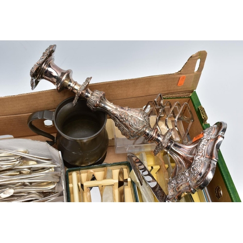 106 - A BOX OF FLATWARE AND OTHER ITEMS, to include a cased set of six 'Walker & Hall' resin handled knive... 