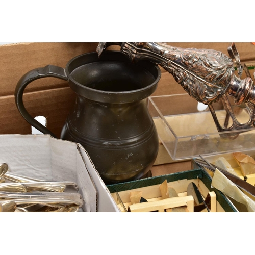 106 - A BOX OF FLATWARE AND OTHER ITEMS, to include a cased set of six 'Walker & Hall' resin handled knive... 