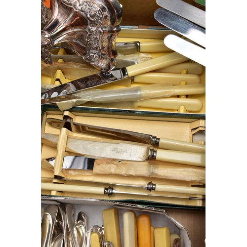 106 - A BOX OF FLATWARE AND OTHER ITEMS, to include a cased set of six 'Walker & Hall' resin handled knive... 