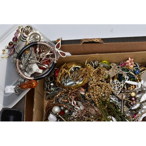 107 - A BOX OF MAINLY COSTUME JEWELLERY, to include a single 9ct gold hoop earring hallmarked 9ct gold Bir... 