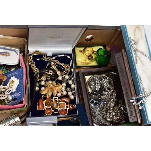 107 - A BOX OF MAINLY COSTUME JEWELLERY, to include a single 9ct gold hoop earring hallmarked 9ct gold Bir... 