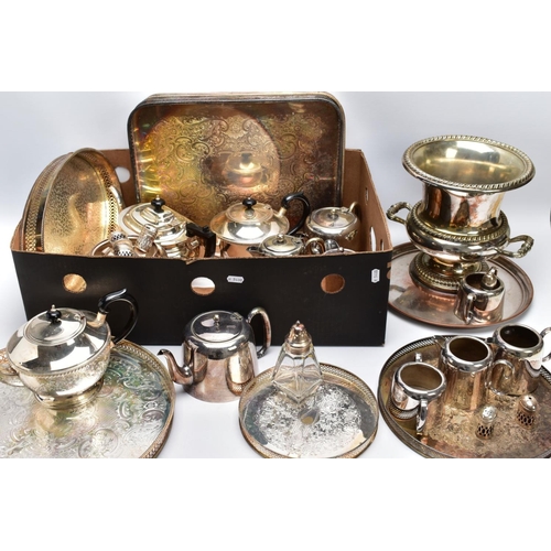 109 - A BOX OF METALWARE, to include two silver plated black handles teapots, an EPNS teapot with black ha... 