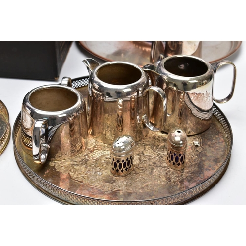 109 - A BOX OF METALWARE, to include two silver plated black handles teapots, an EPNS teapot with black ha... 