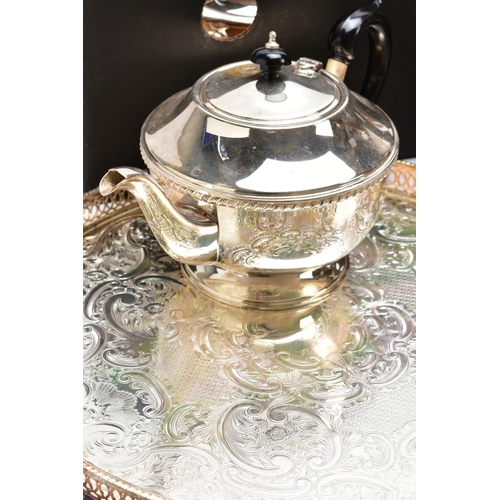 109 - A BOX OF METALWARE, to include two silver plated black handles teapots, an EPNS teapot with black ha... 