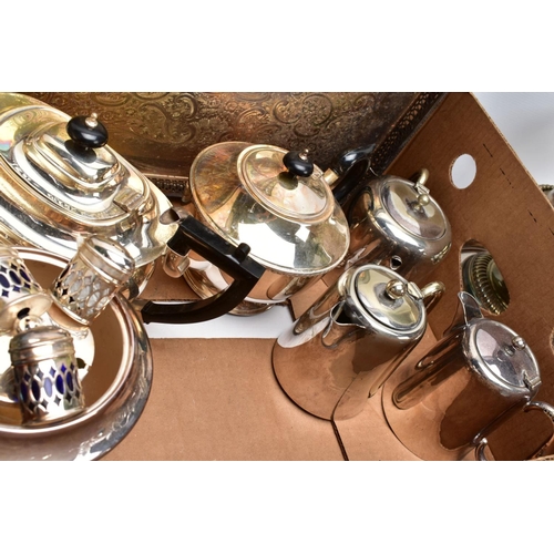 109 - A BOX OF METALWARE, to include two silver plated black handles teapots, an EPNS teapot with black ha... 