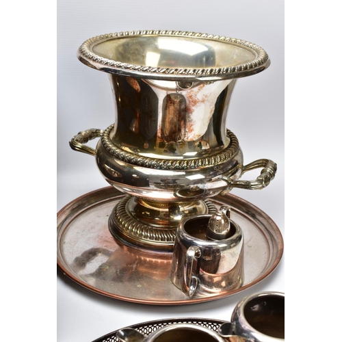 109 - A BOX OF METALWARE, to include two silver plated black handles teapots, an EPNS teapot with black ha... 