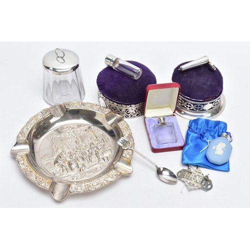 111 - A SELECTION OF SILVER AND WHITE METAL ITEMS, to include two silver mounted pin cushion boxes with a ... 