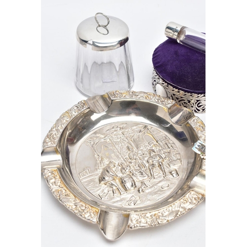 111 - A SELECTION OF SILVER AND WHITE METAL ITEMS, to include two silver mounted pin cushion boxes with a ... 